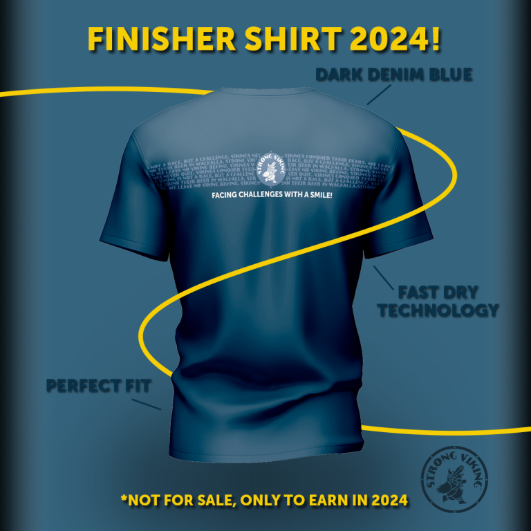 Strong Viking Finisher Shirt 2024 achterkant, dark denim blue, fast dry technology, perfect fit. Not for sale, only to earn in 2024