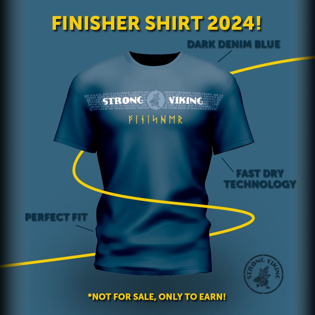 Strong Viking Finisher Shirt 2024 voorkant, dark denim blue, fast dry technology, perfect fit. Not for sale, only to earn